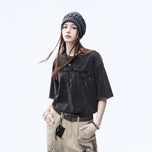 宽松短袖 情侣复古炒雪花纯棉半袖 上衣 新款 潮牌水洗刺绣t恤女夏季