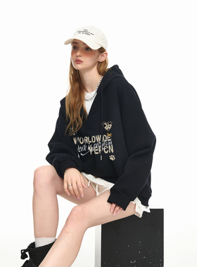 美式黑色V领连帽卫衣外套女春秋新款宽松假两件情侣长袖帽衫上衣