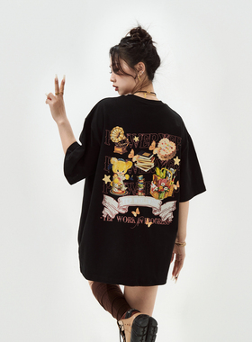 YEP复古黑色印花短袖t恤女夏季2025新款街头潮牌宽松oversize上衣