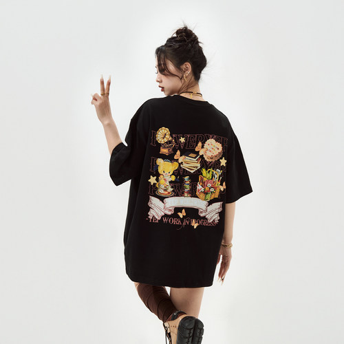 YEP复古黑色印花短袖t恤女夏季