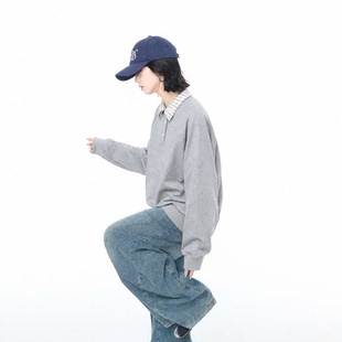 美式拼接衬衫领卫衣女2026早秋新款复古百搭宽松插肩袖无帽上衣潮