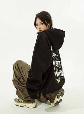 YEP复古黑色连帽卫衣女春秋2025新款美式情侣oversize外套加绒