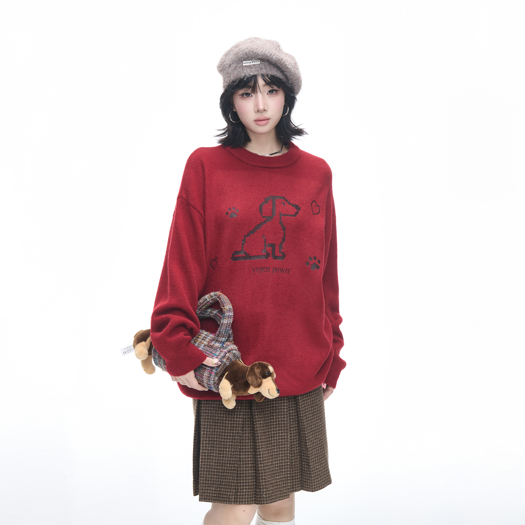 美式复古卡通小狗印花圆领毛衣女秋冬季宽松套头情侣款打底针织衫