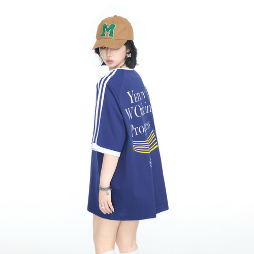 美式复古撞色条纹拼接前后印花短袖T恤女夏季2026新款街头风上衣