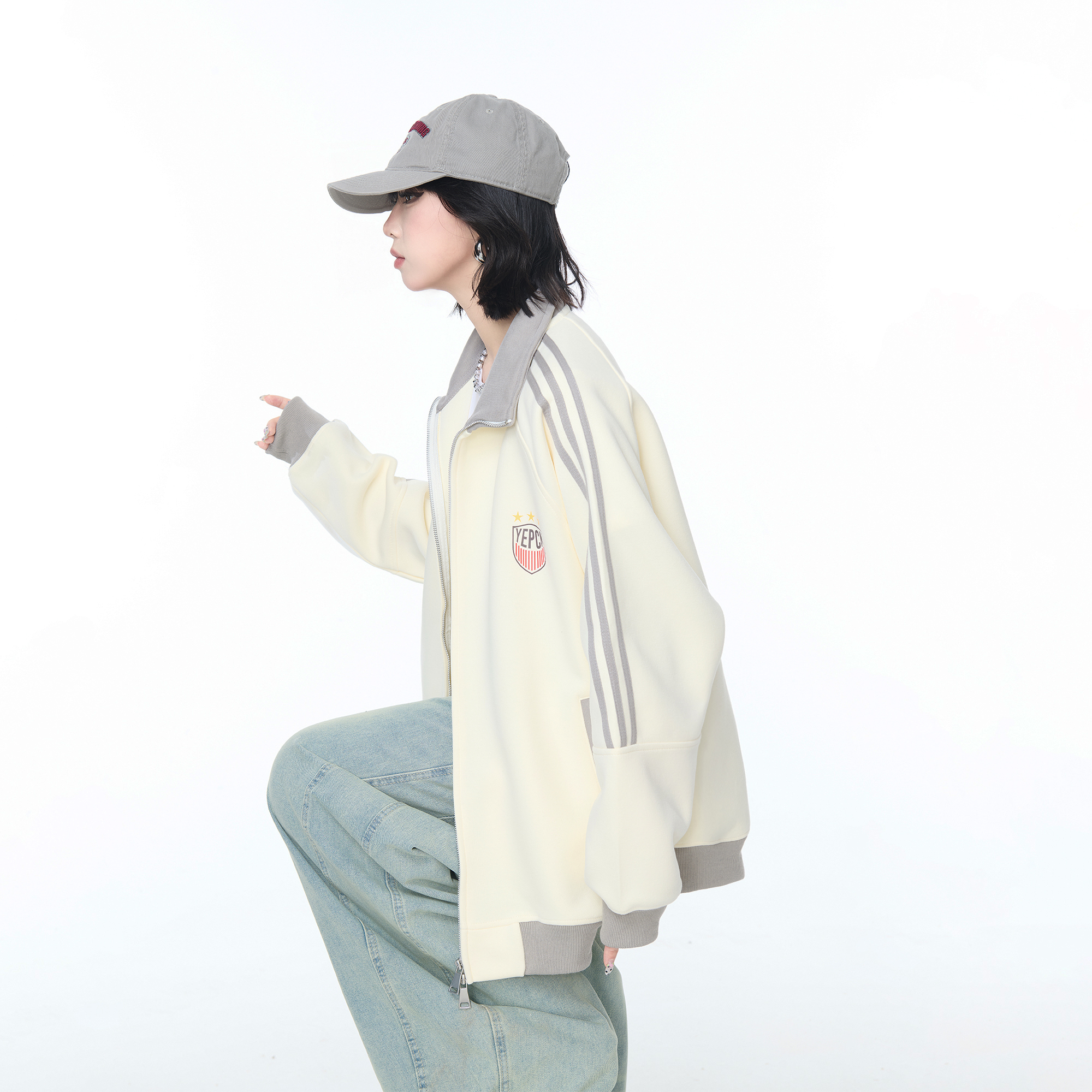 立领撞色条纹拼接印花开衫卫衣外套女美式复古运动休闲情侣上衣