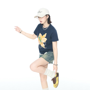 2025夏季 上衣 潮牌花朵印花短袖 正肩T恤女显瘦街头ins风圆领半袖