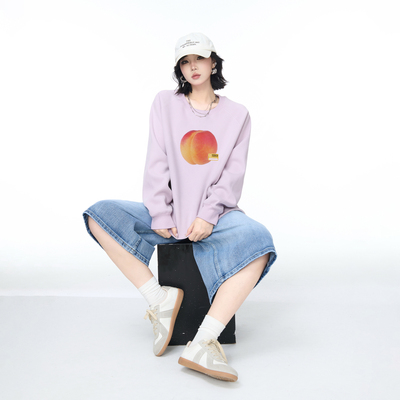 YEP春秋新款浅紫色水果印花圆领卫衣女宽松外套美式街头套头上衣