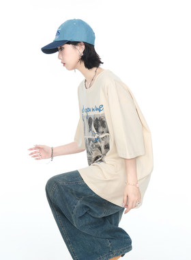 美式复古夏季狗狗印花短袖T恤女2026新款潮酷街头风宽松情侣上衣