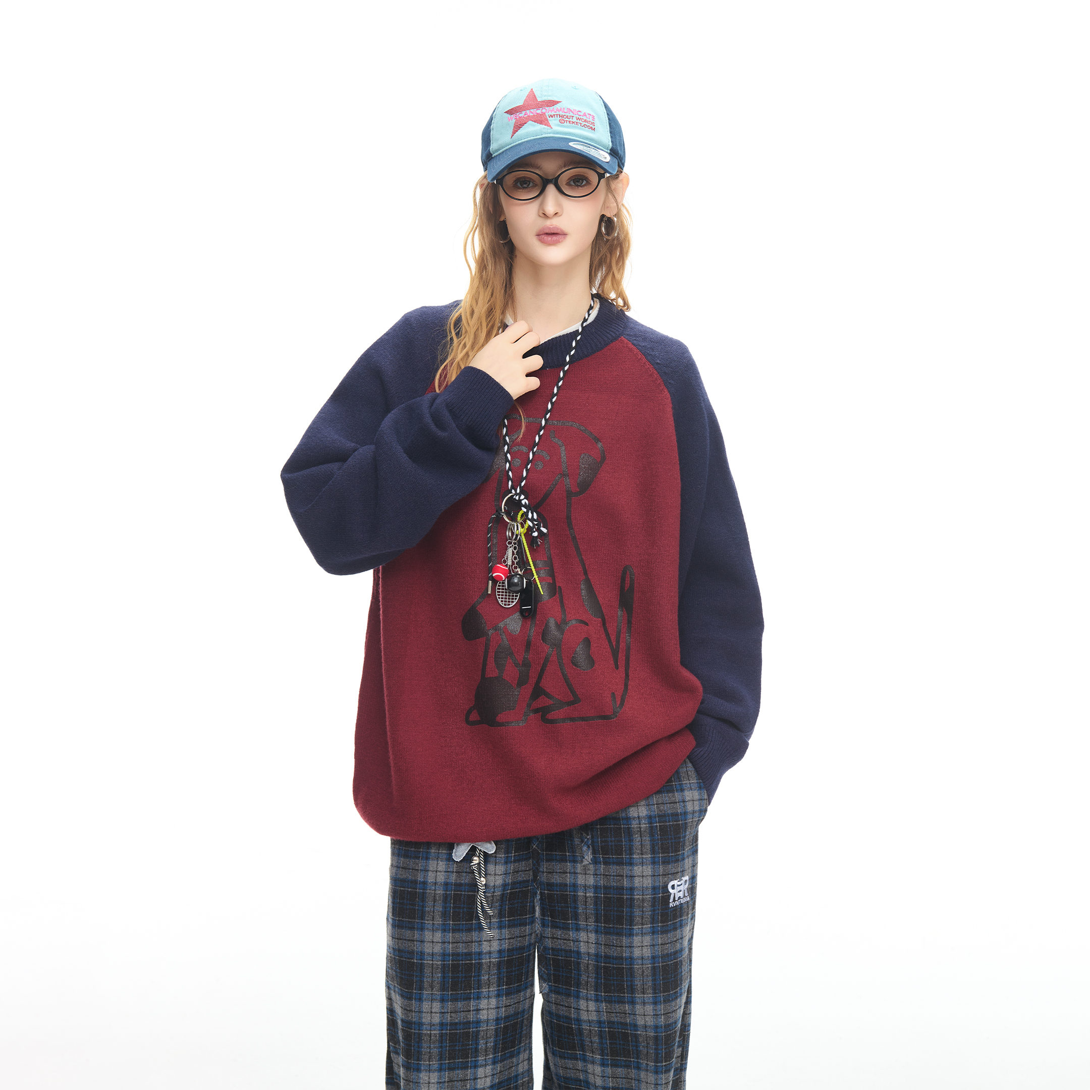 美式复古卡通小狗印花拼色圆领毛衣女秋冬新款宽松休闲针织衫上衣