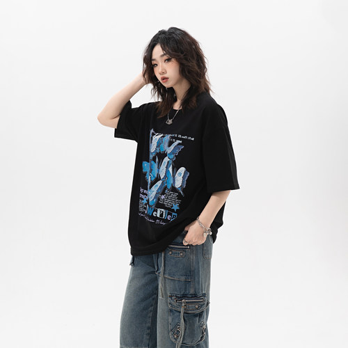 复古蝴蝶印花短袖t恤女夏季
