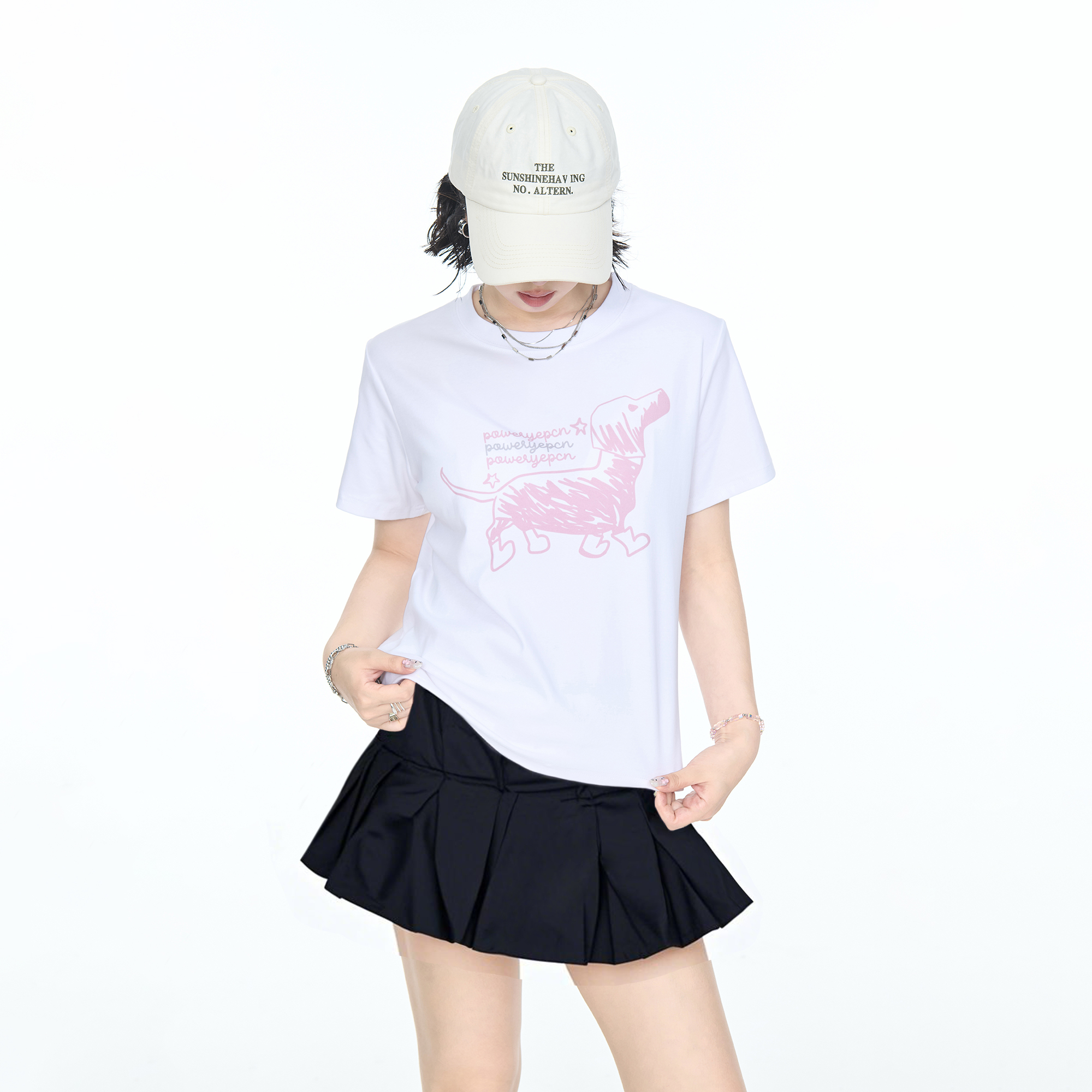 2025夏季正肩短款修身卡通狗狗印花短袖T恤女美式辣妹风显瘦上衣