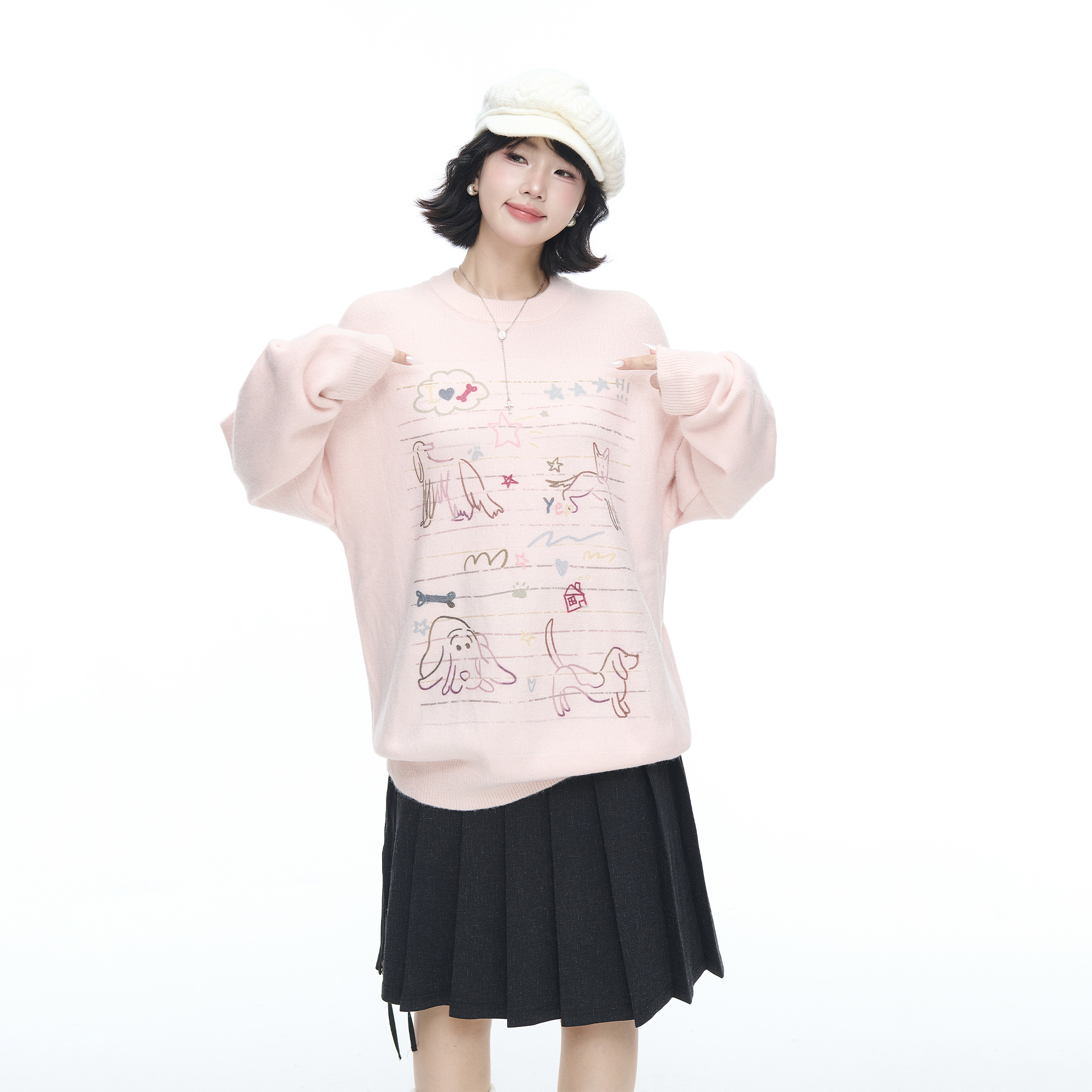 美式潮牌创意印花粉色圆领毛衣女秋冬新款宽松慵懒风情侣针织上衣