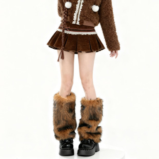 秋冬季 y2k高筒辣妹仿皮草棕色毛绒腿套仿貂毛堆堆袜套女雪地靴套