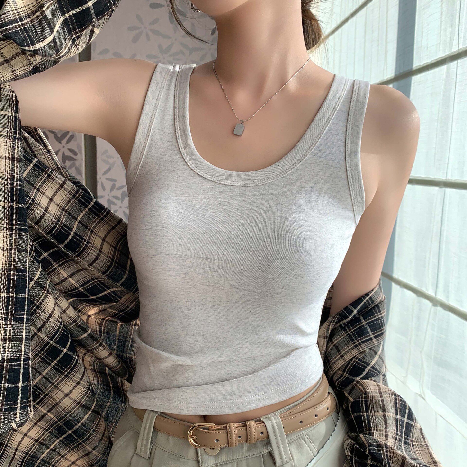 K3015纯色U领吊带背心女春夏季简约百搭遮副乳修身显瘦棉打底上衣