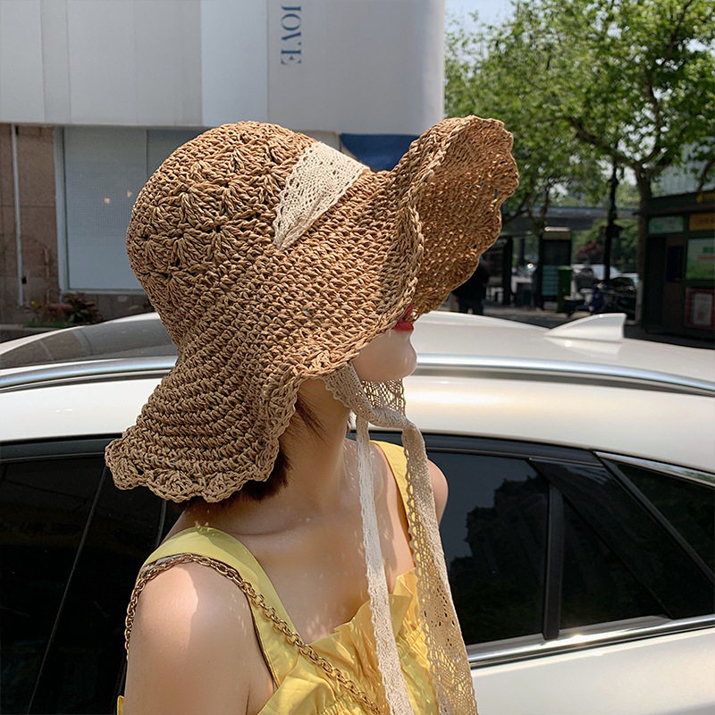 草帽女韩版潮百搭沙滩大帽檐夏季帽子蕾丝防风透气遮阳防晒小