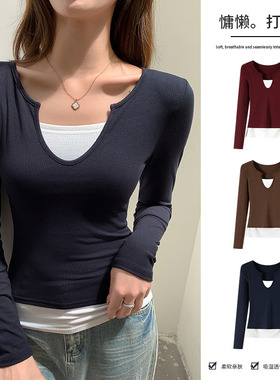 H403V领美式复古拼接撞色假两件长袖女修身显瘦设计感辣妹上衣女