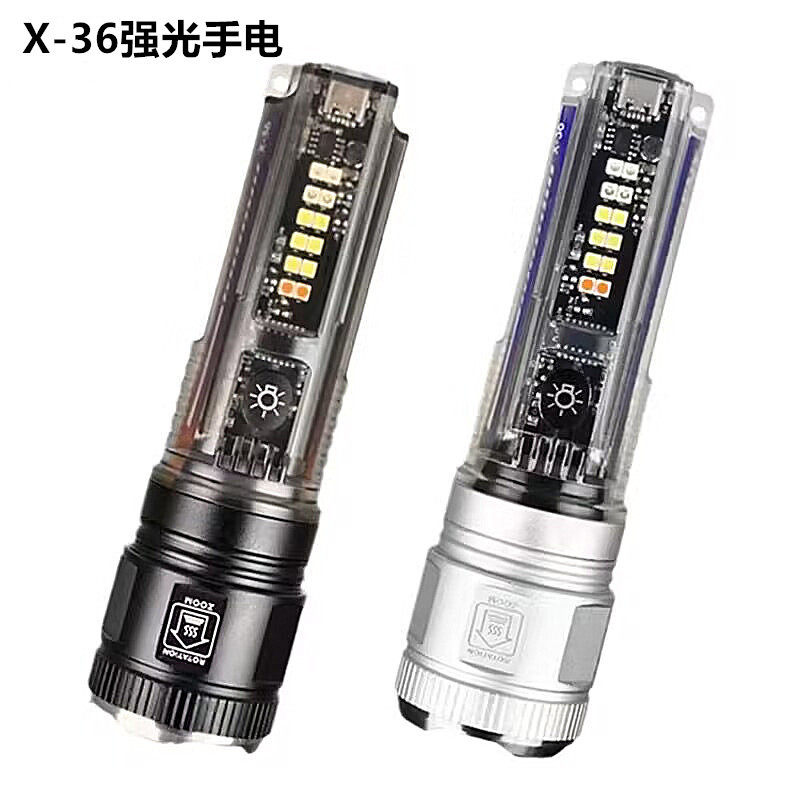 跨境户外多功能便携可充电手电筒强光变焦太阳能警示灯超亮远射灯