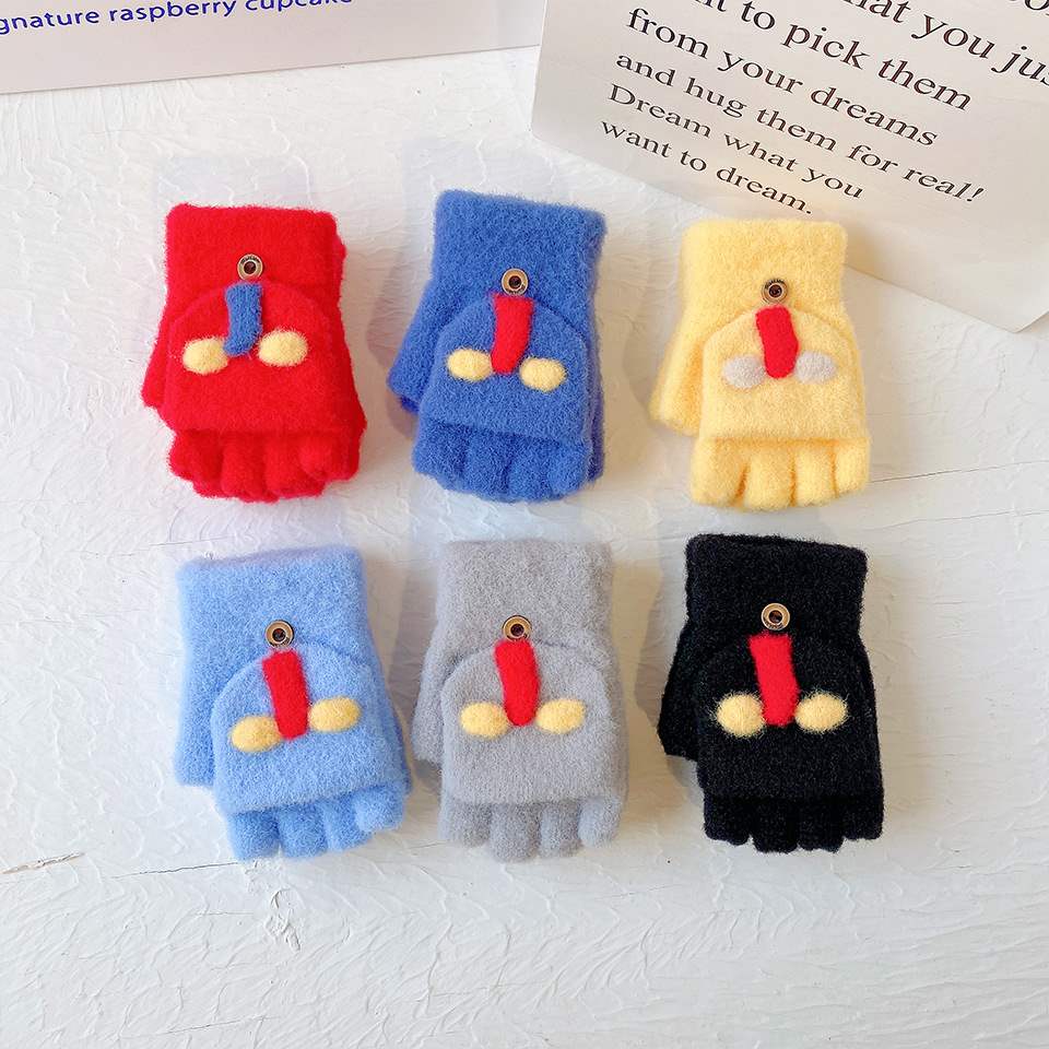 冬天手套保暖可爱卡通半指儿童加厚呢绒不起球小学生写字五指手套