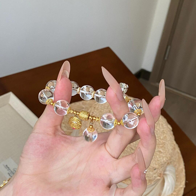 天然双A白水晶手串单圈古法金纯银手链扎基拉姆吊坠轻奢小众女款