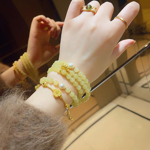 天然新疆和田玉黄口玉石手串若羌鸡油黄玉手链新中式项链手串女款