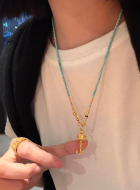 新中式天然高瓷湖北绿松石小米珠串珠手链毛衣链古法金万能链女款