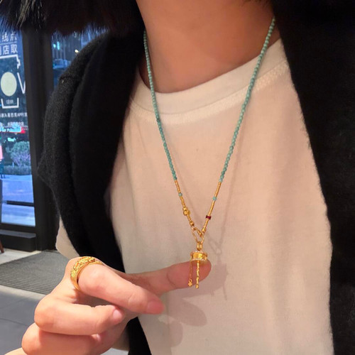 新中式天然高瓷湖北绿松石小米珠串珠手链毛衣链古法金万能链女款