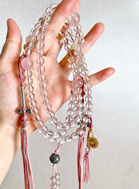 原创10A全净体天然白水晶108颗佛珠项链念珠粉晶百搭轻奢毛衣链女