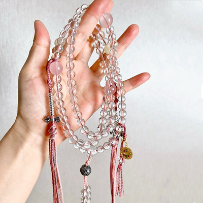 原创10A全净体天然白水晶108颗佛珠项链念珠粉晶百搭轻奢毛衣链女