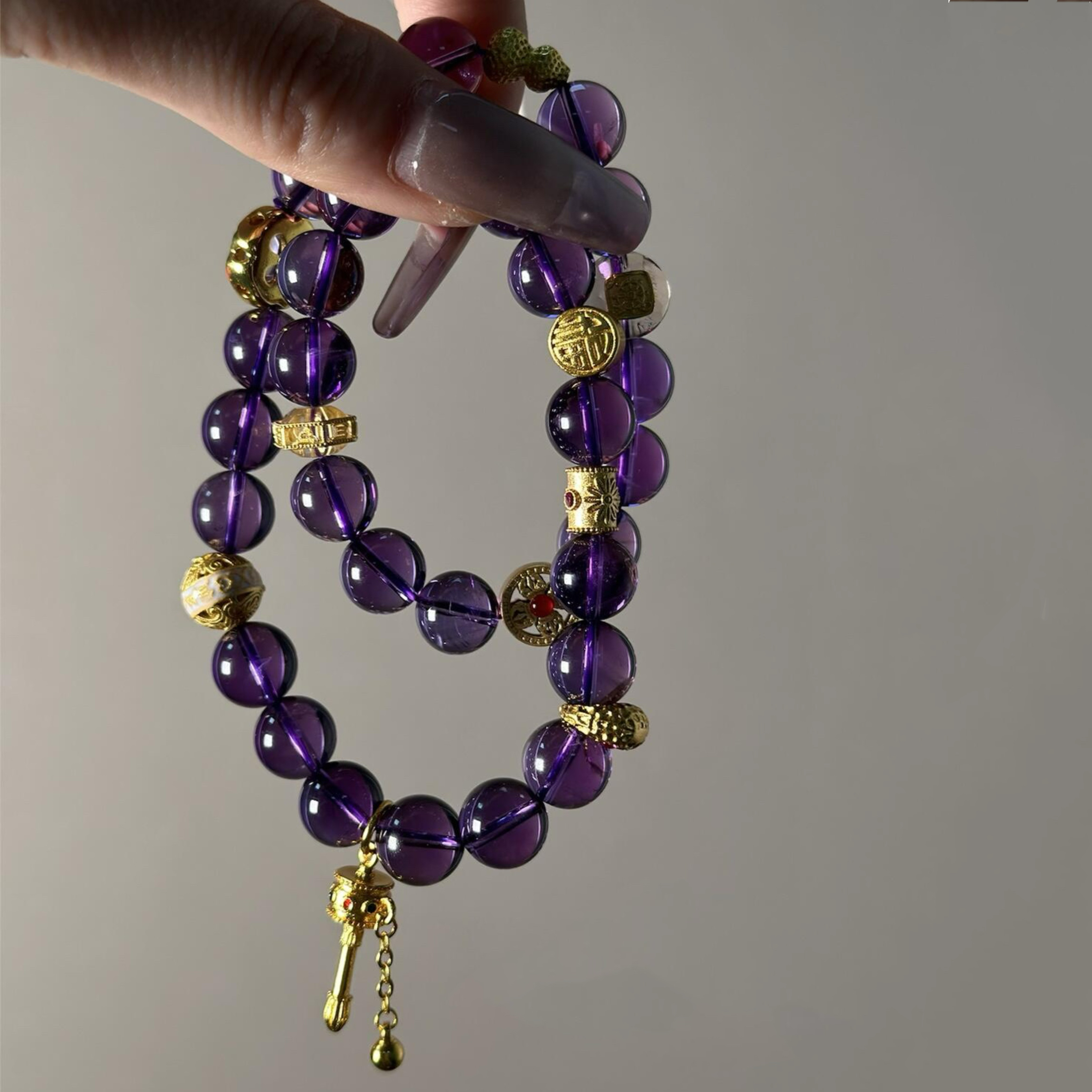 天然乌拉圭紫水晶圆珠手串古法金巴西紫罗兰新中式玻利维亚礼物女