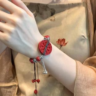 天然原矿朱砂手串山鬼花钱编织手绳复古纯银手链本命年红绳财运女