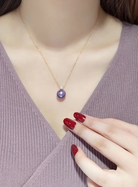 王妃经典款锁骨链紫珍珠吊坠正圆12-16mm单颗银镀18k紫色珍珠项链