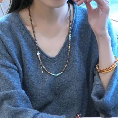 原创复古天然奇楠沉香万能链项链绿松石锁骨链国风串珠手链毛衣链
