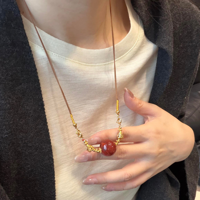 原创设计天然南红玛瑙转运珠项链手工编绳毛衣链本命年红绳锁骨链