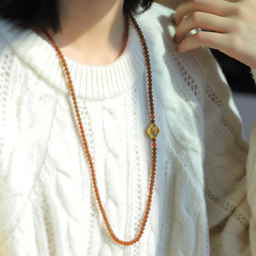 新疆和田玉且末糖极细小米珠长款毛衣链多圈焦糖玉手串气质小众女