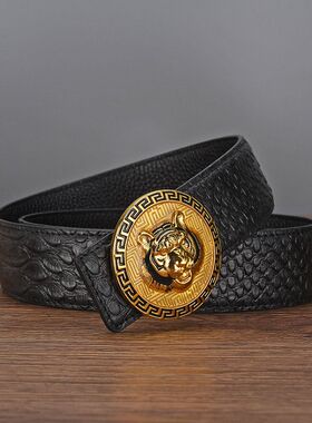 新款虎头个性高档皮带真皮纯铜百搭ins风头层牛皮休闲平滑扣腰带