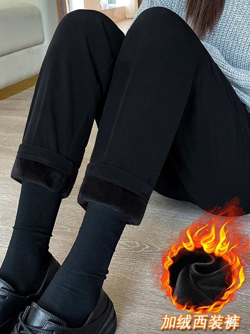 黑色加绒西装裤女秋冬九分高腰休闲直筒裤正装工作职业西裤小脚裤