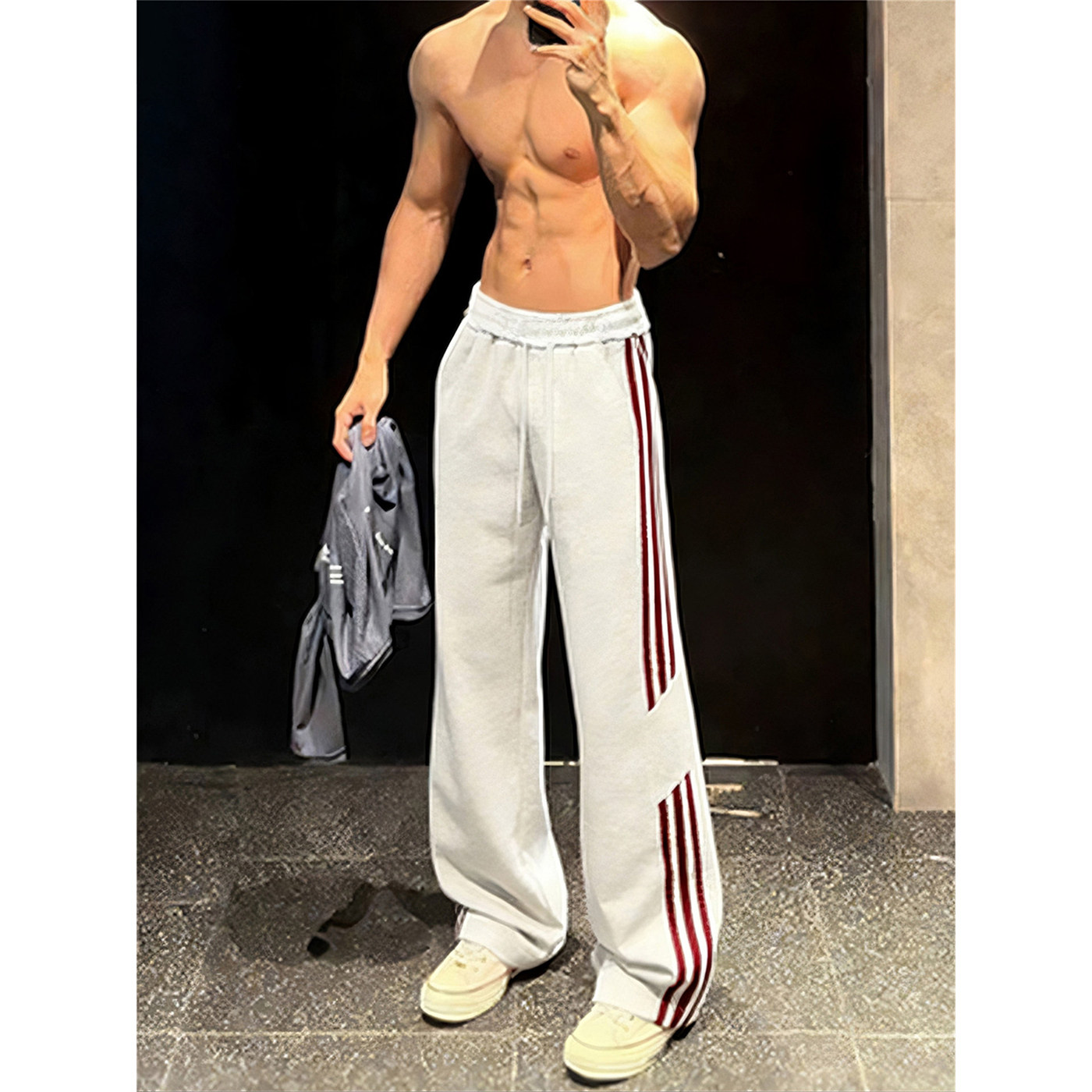 三条杠拼接撞色运动卫裤男秋冬青少年酷帅条纹裤子加绒加厚休闲裤