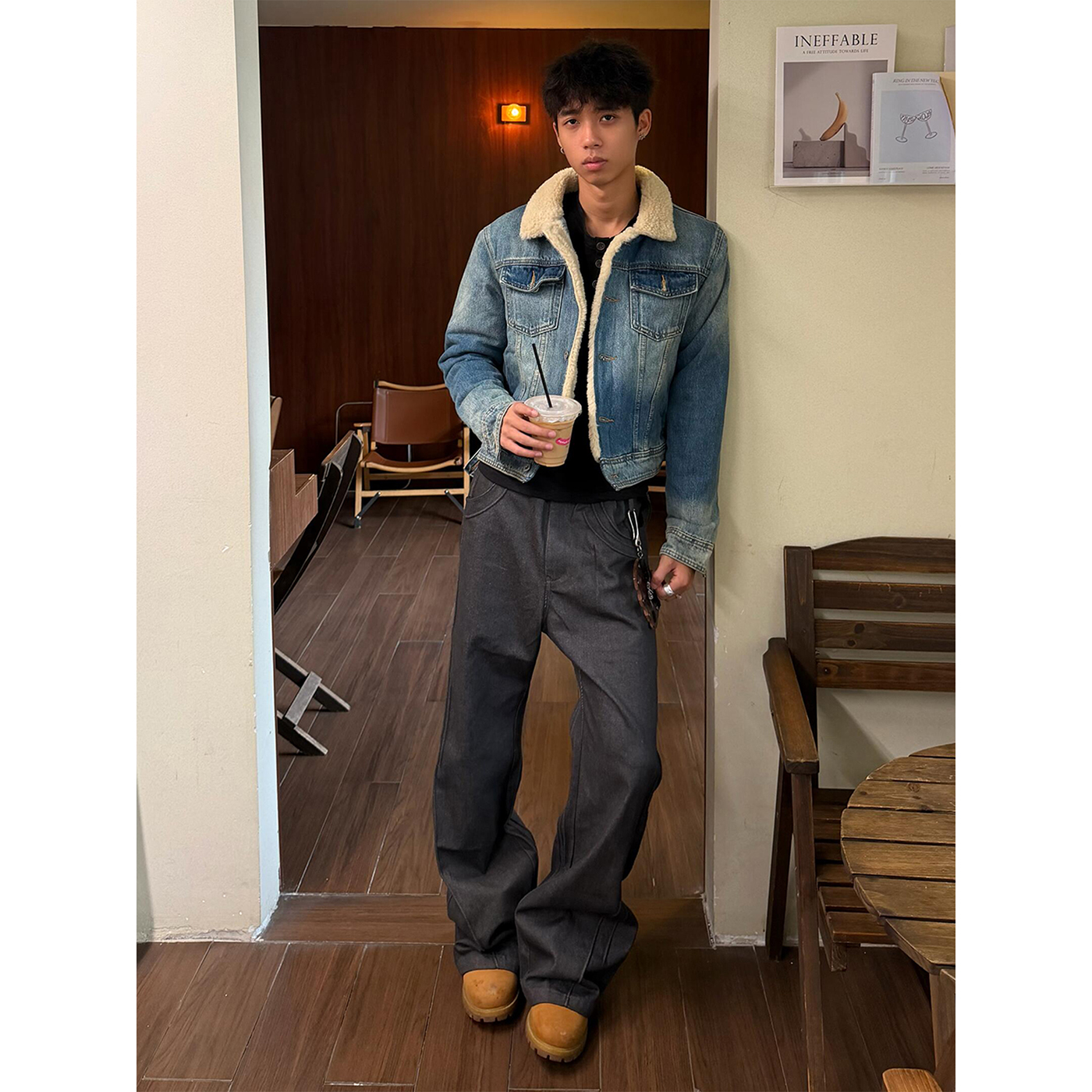 美式高街蓝色翻领羊羔绒牛仔外套