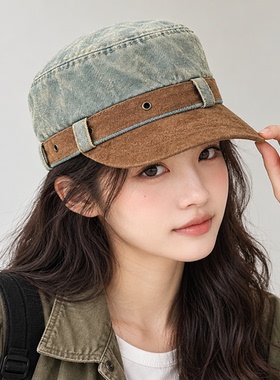 复古牛仔拼色女平顶帽显脸小