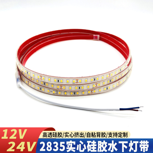实心硅胶12V24V灯带自粘带背胶水下可泡水池鱼缸户外亮化专用灯条