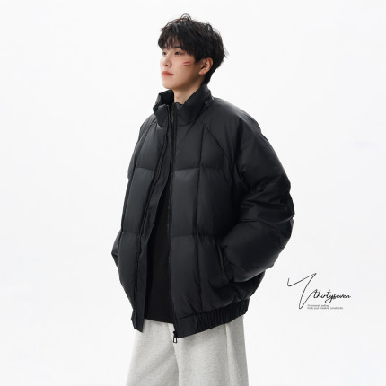 V37高级感黑色廓形立领棉服男秋季美式潮牌青少年休闲皮棉衣外套