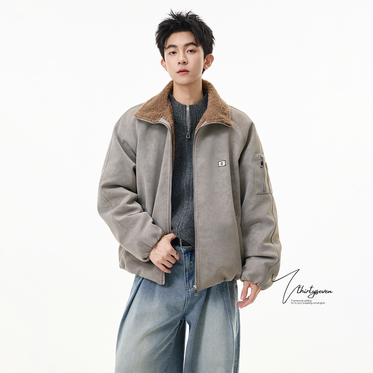 美式高街vintage灰色保暖棉服男