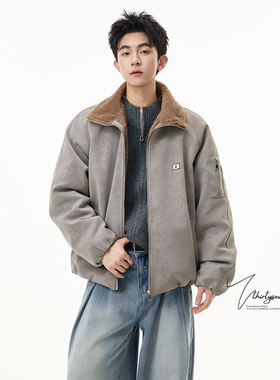 V37美式高街vintage灰色保暖棉服男款冬季潮牌痞帅工装风PU皮棉衣