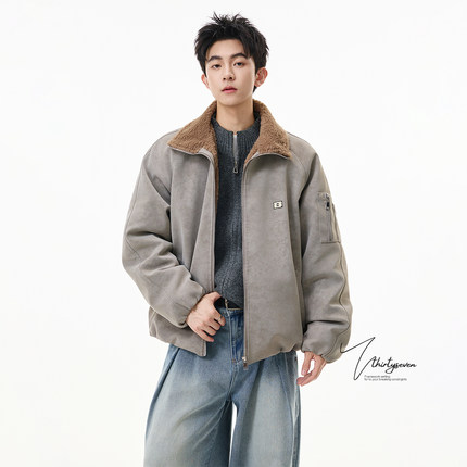 V37美式高街vintage灰色保暖棉服男款冬季潮牌痞帅工装风PU皮棉衣