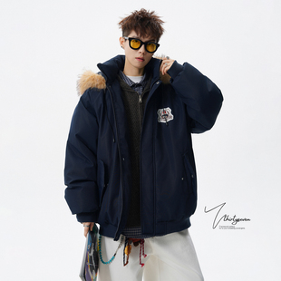 V37美式 潮牌徽章刺绣情侣棉袄子男冬高街青少年保暖连帽毛领棉衣