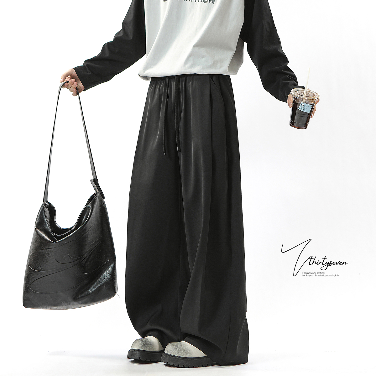 V37黑色阔腿裤子男士