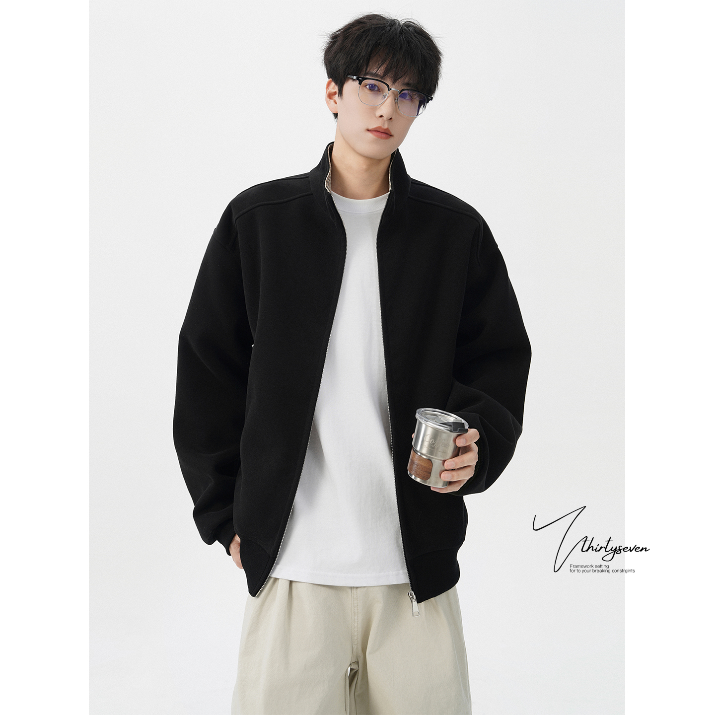 美式重磅千鸟格子拼接夹克