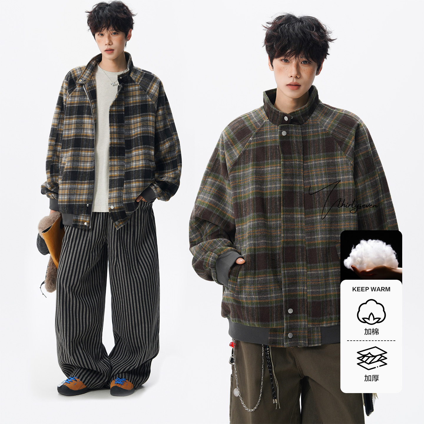 美式潮牌大码磨毛格纹夹克外套