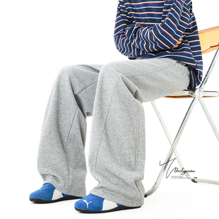 子 男休闲高街垂感抽绳拖地裤 V37美式 复古运动风灰色重磅直筒卫裤