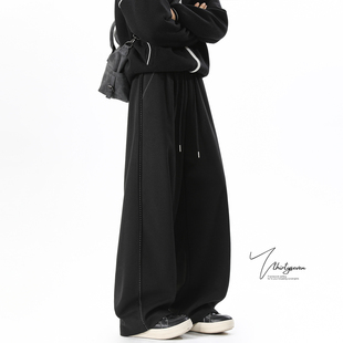 设计感小众休闲百搭直筒情侣长裤 男春季 复古黑色抽绳卫裤 V37美式